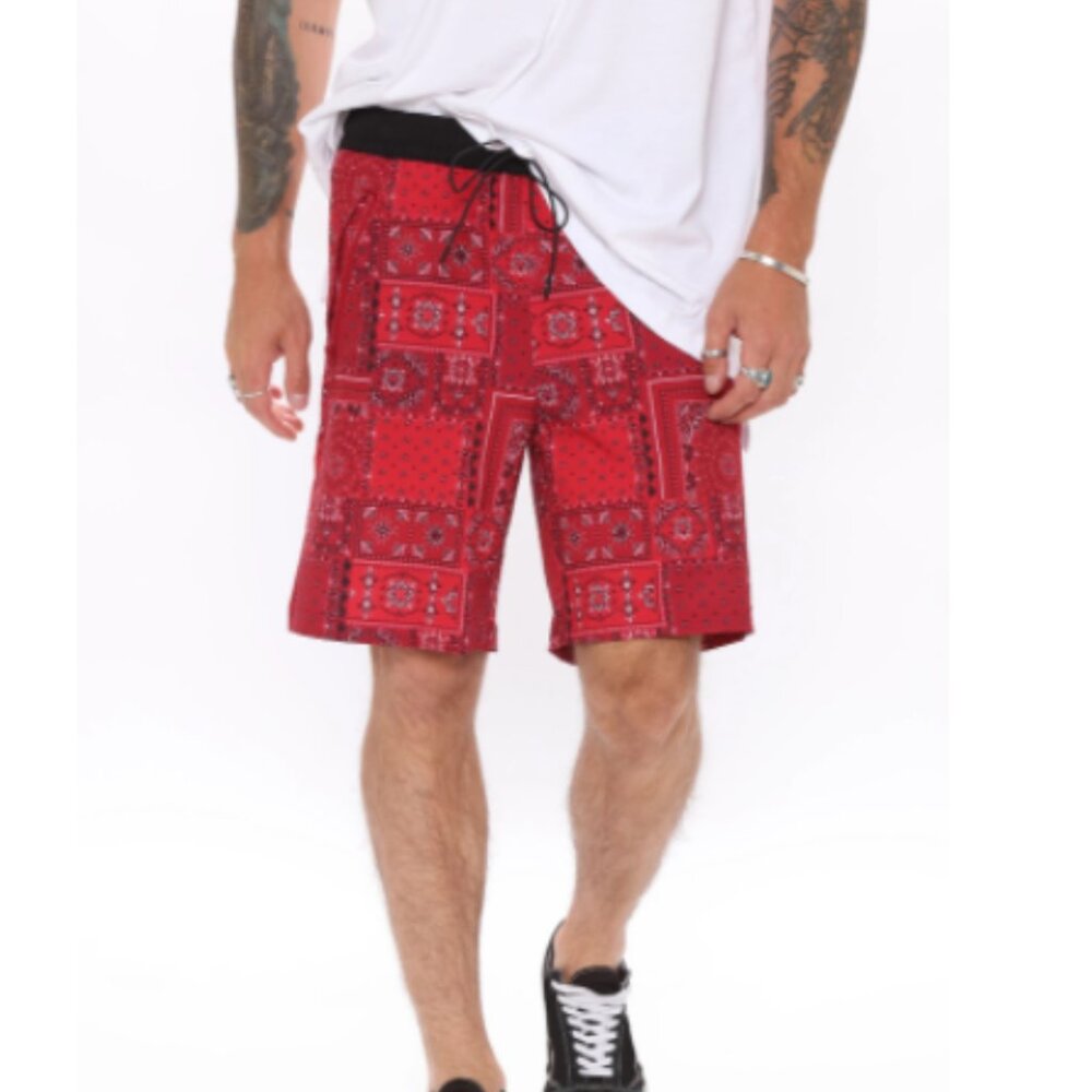 Denmark Drawstring Shorts -  Red/Black Print NWT - Men's Sz L